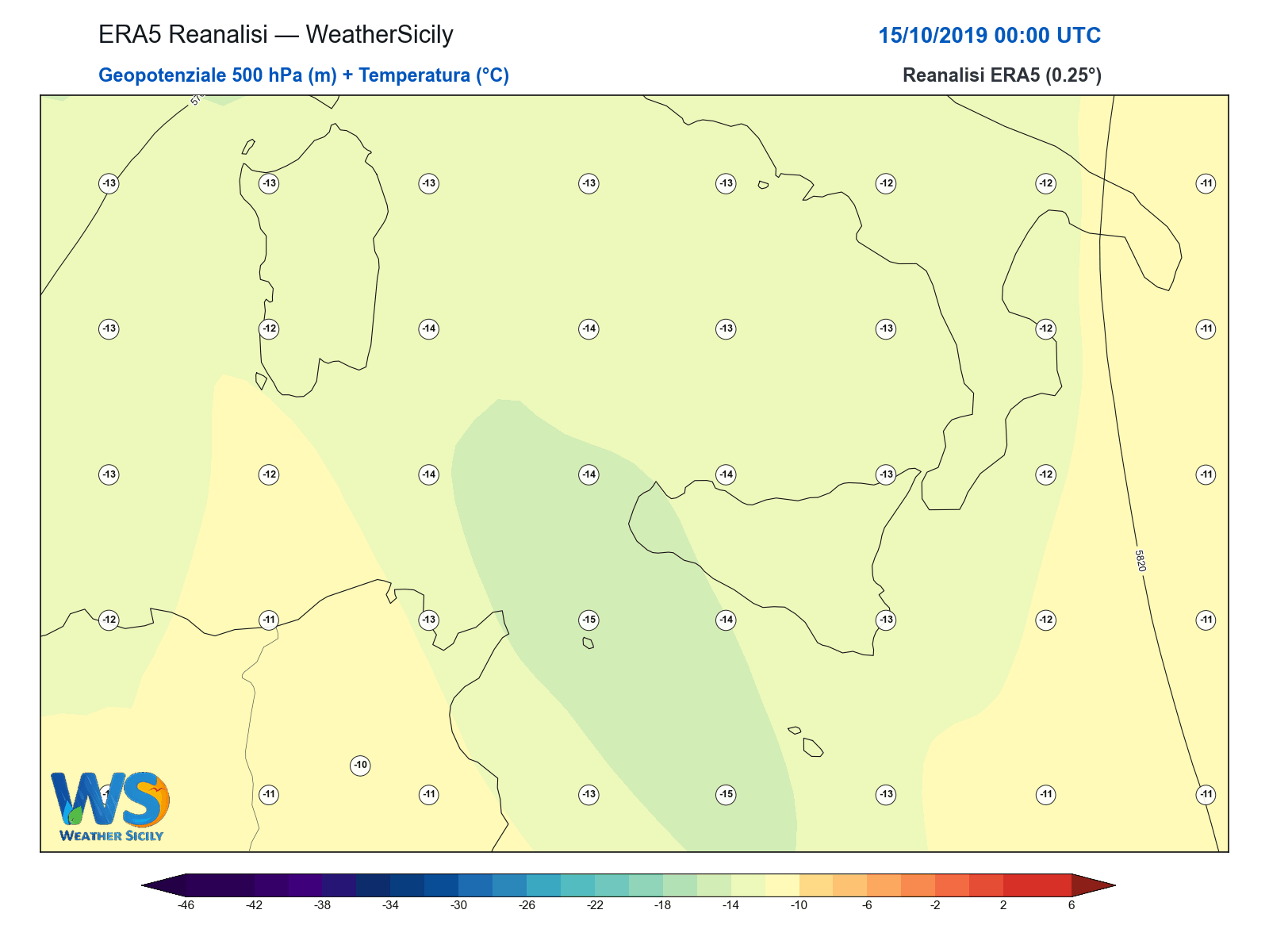 Geopotenziale 500 hPa + Temperatura · 2019101500