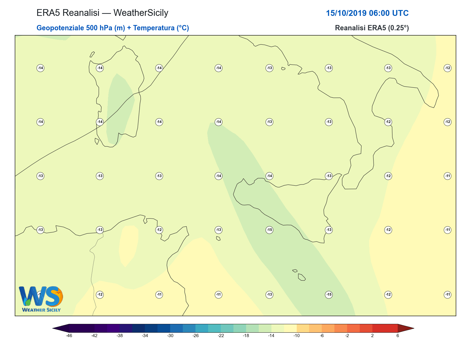 Geopotenziale 500 hPa + Temperatura · 2019101506