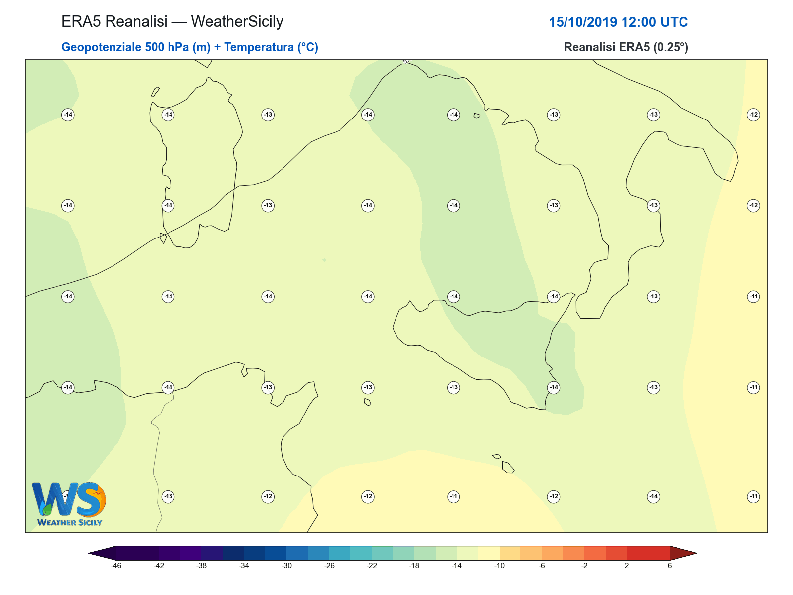 Geopotenziale 500 hPa + Temperatura · 2019101512