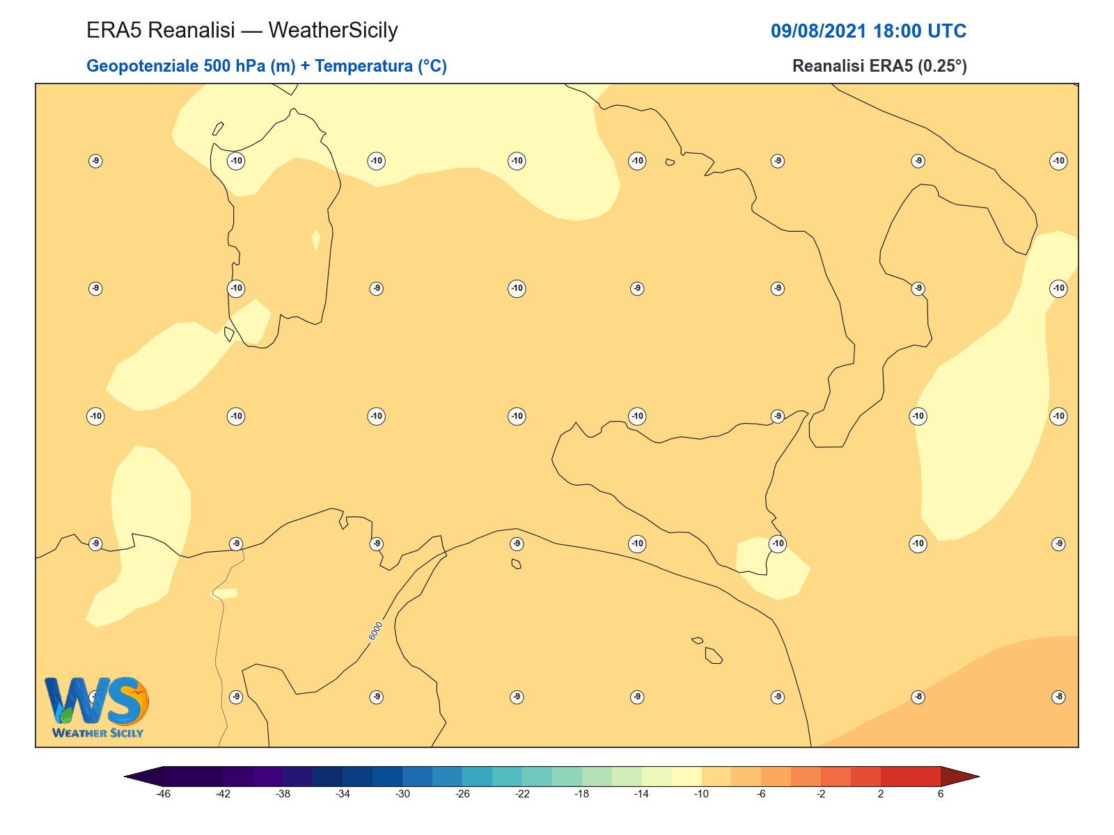 Geopotenziale 500 hPa + Temperatura · 2021080918