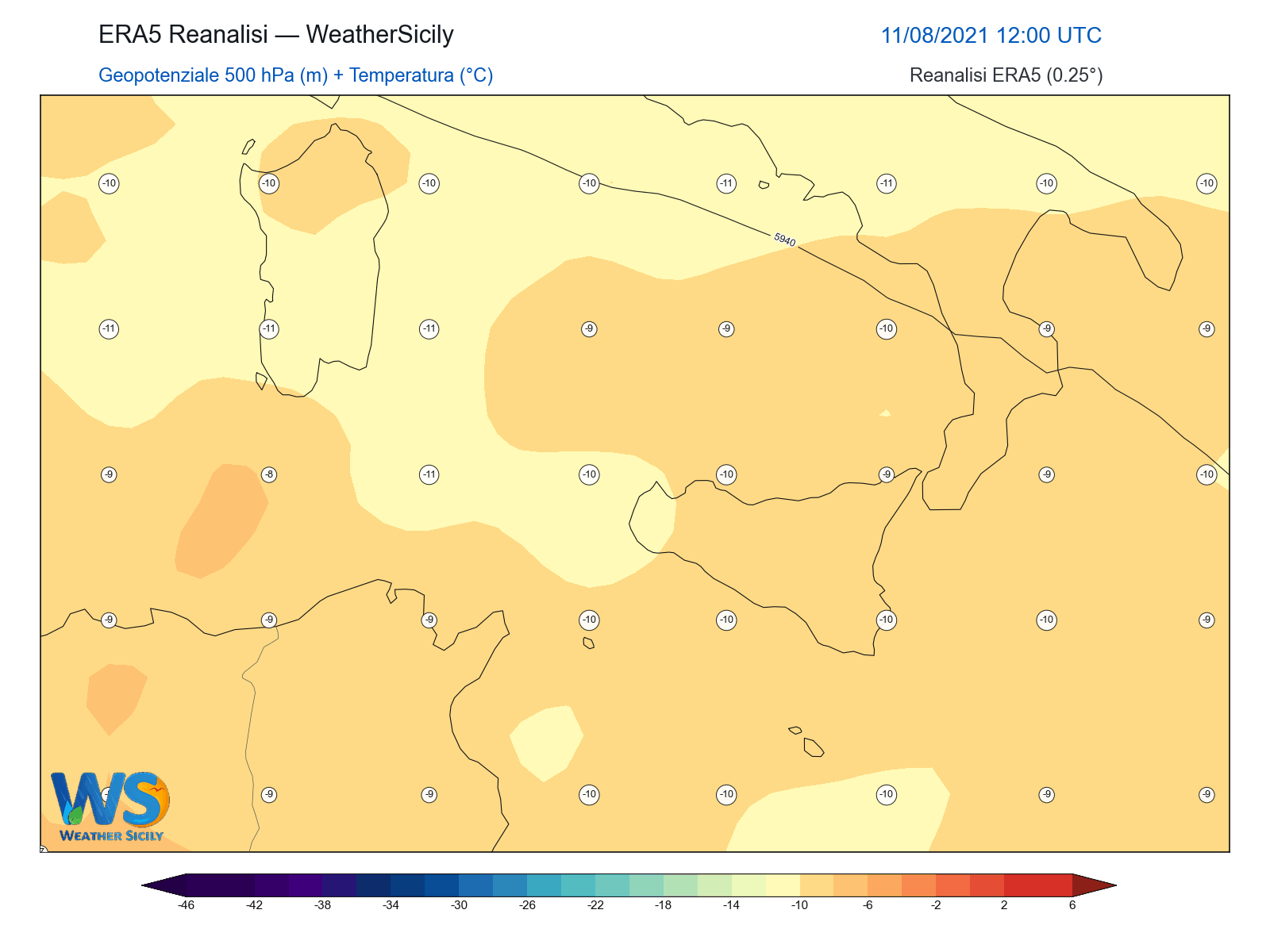 Geopotenziale 500 hPa + Temperatura · 2021081112