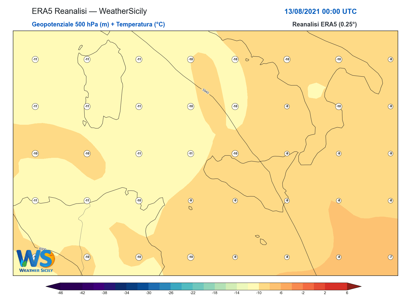 Geopotenziale 500 hPa + Temperatura · 2021081300