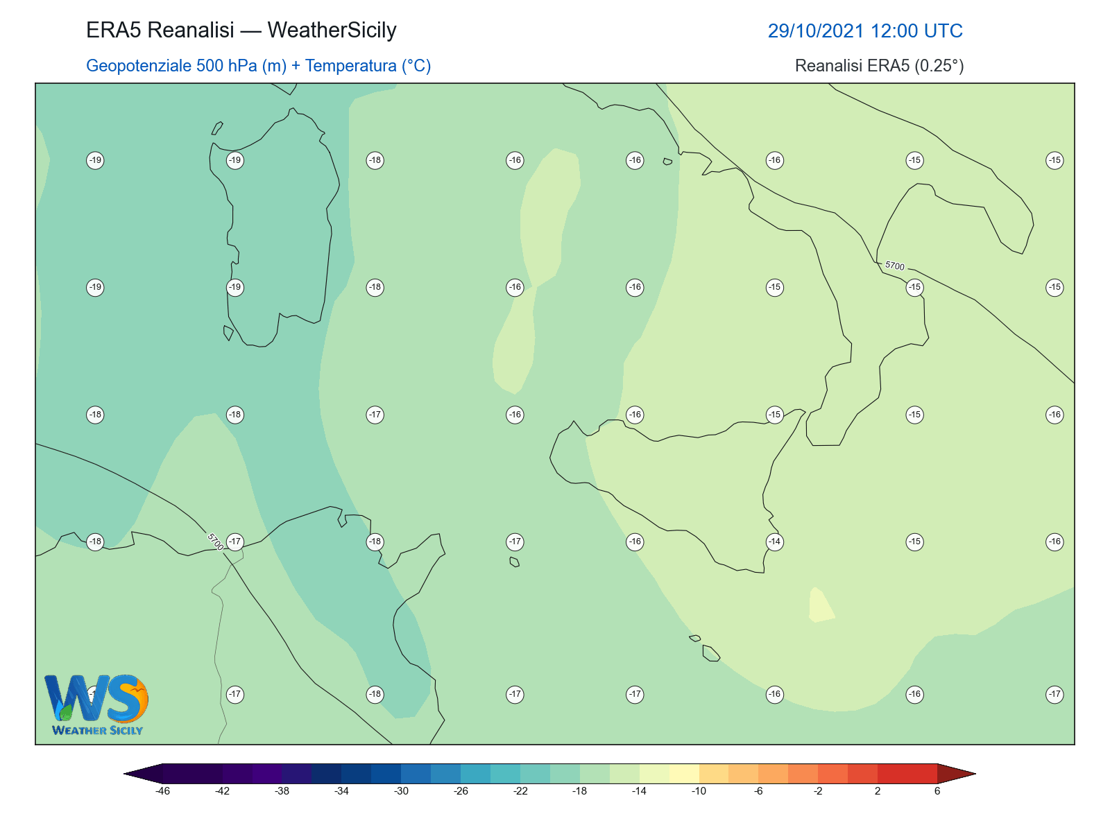 Geopotenziale 500 hPa + Temperatura · 2021102912