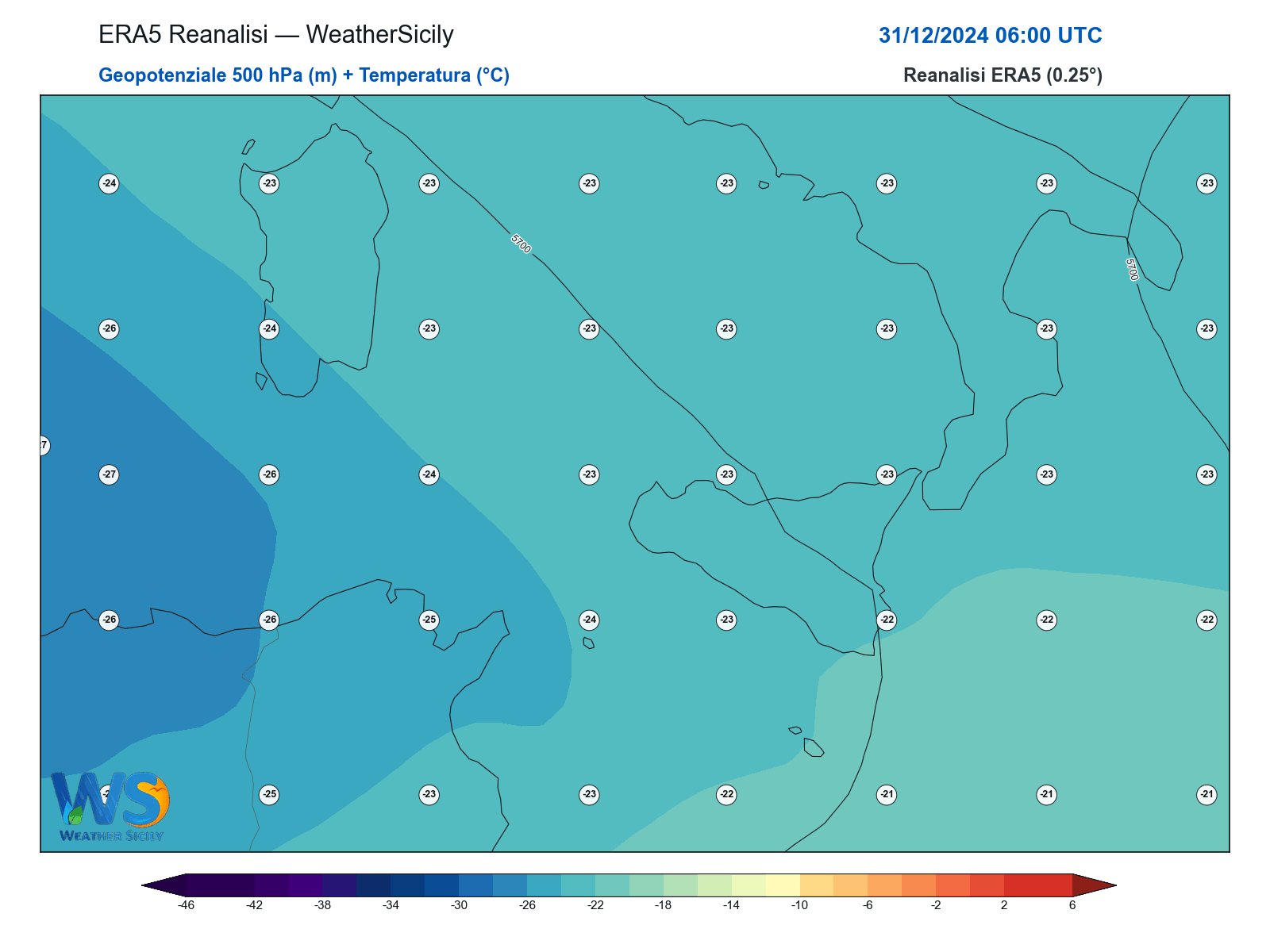 Geopotenziale 500 hPa + Temperatura · 2024123106