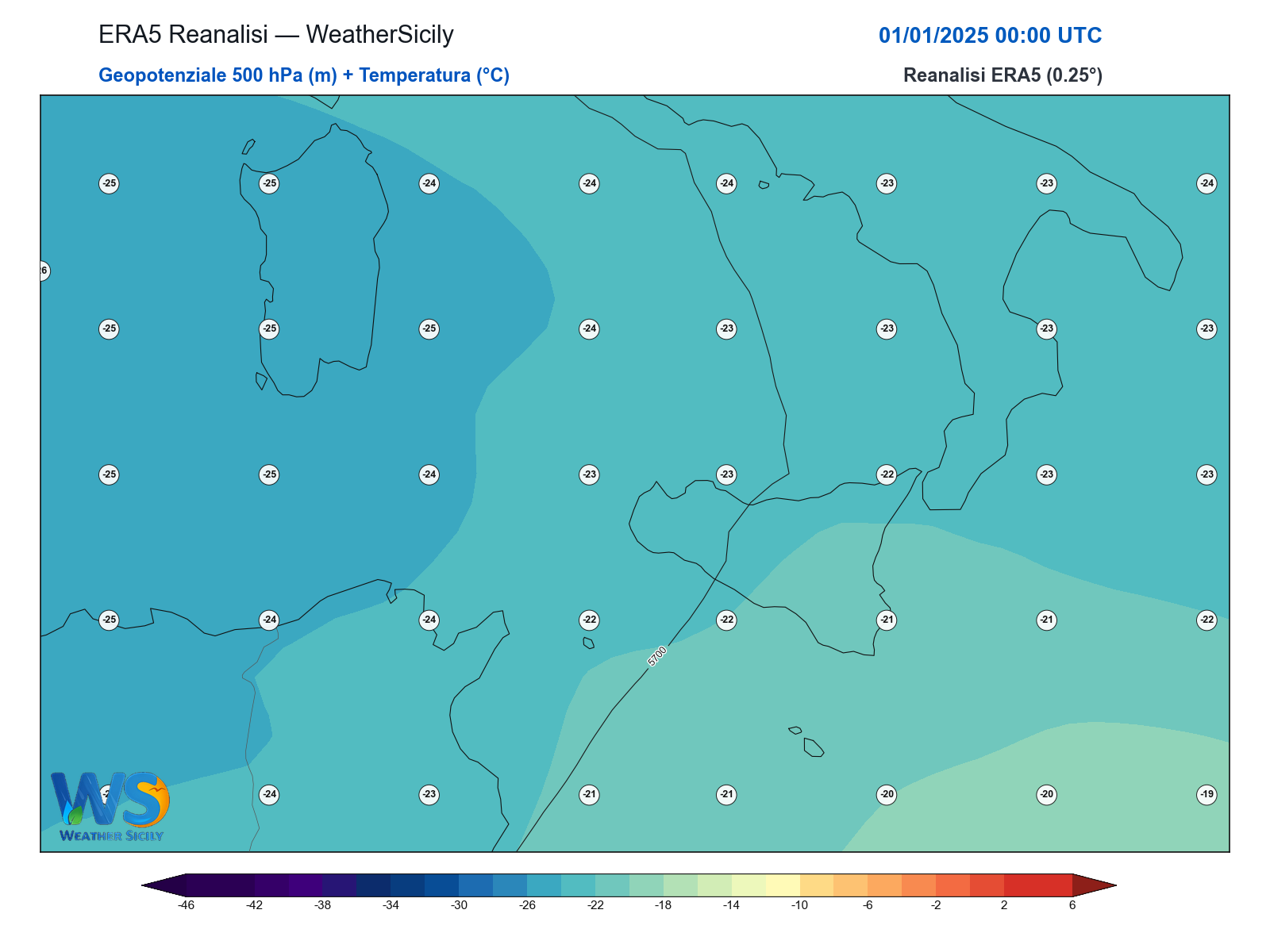 Geopotenziale 500 hPa + Temperatura · 2025010100