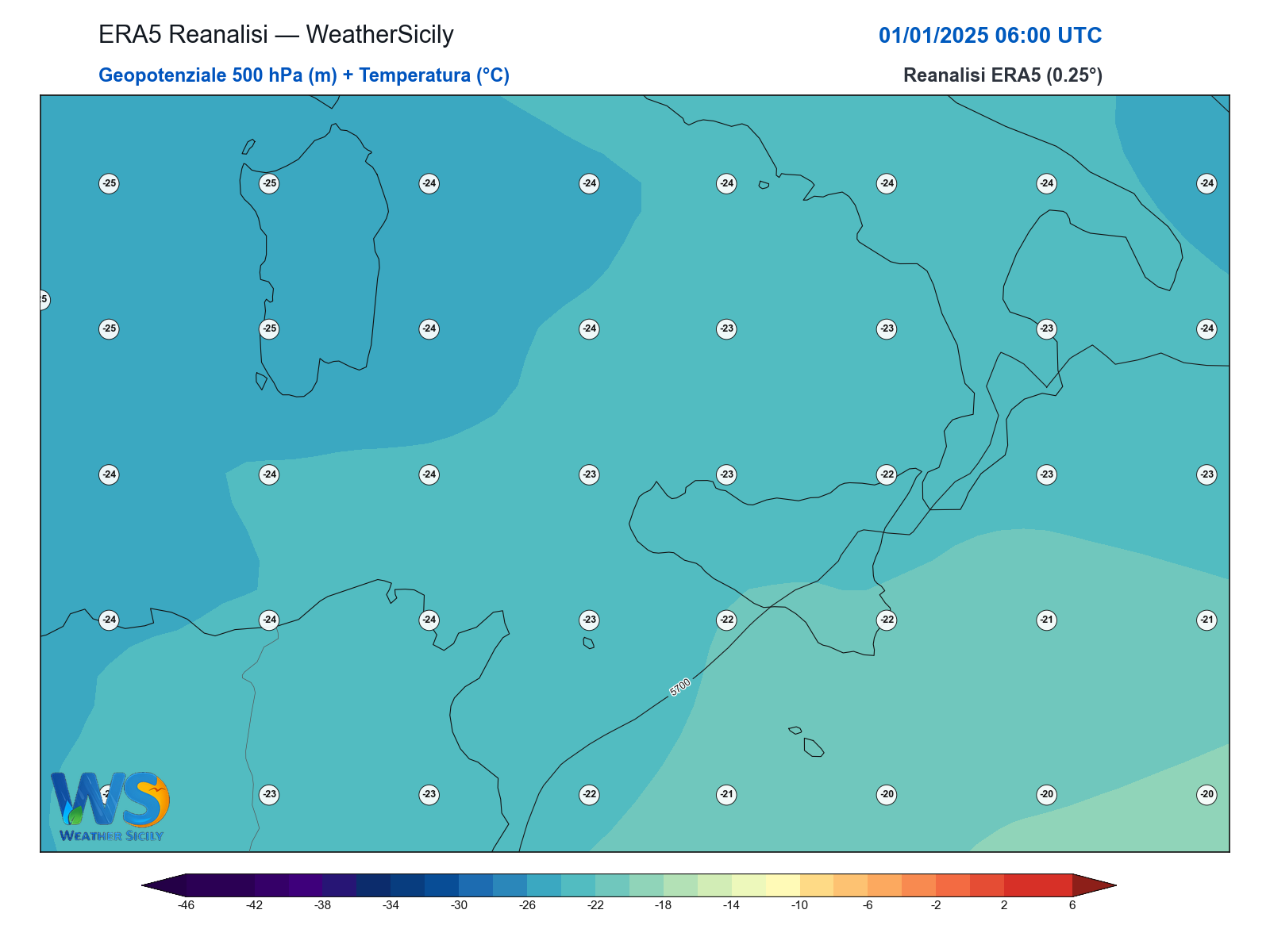 Geopotenziale 500 hPa + Temperatura · 2025010106