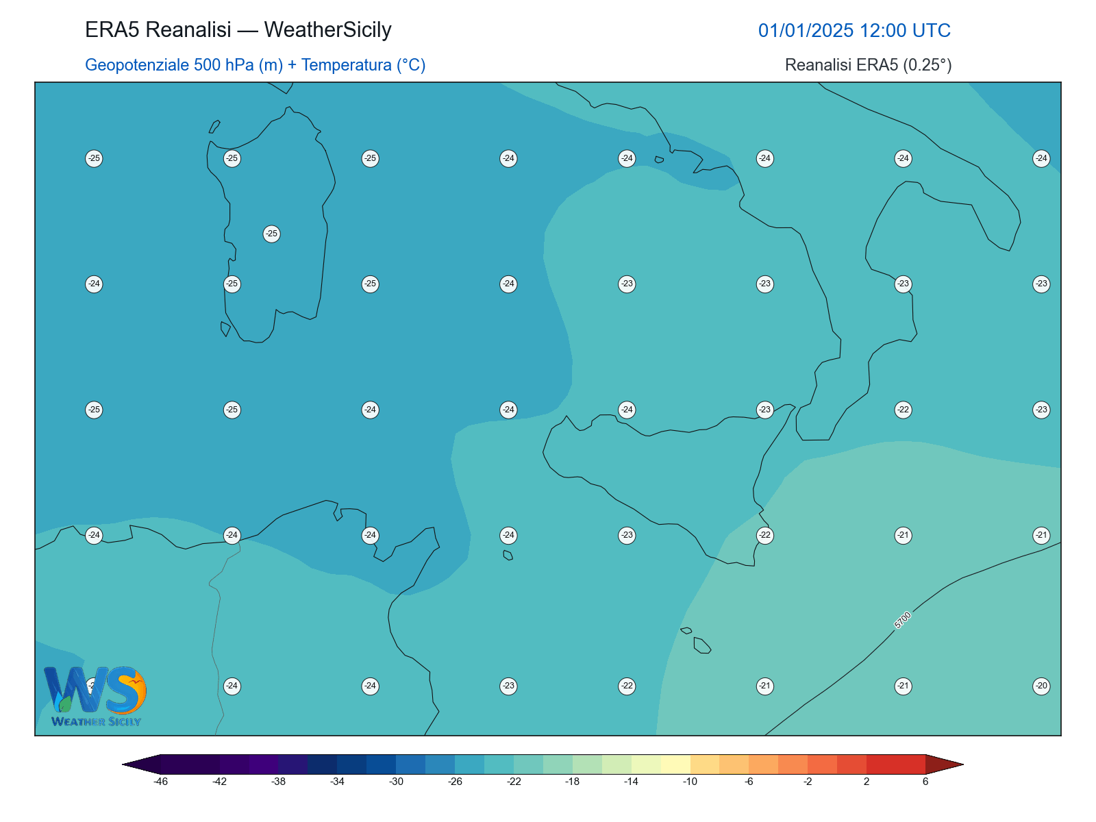 Geopotenziale 500 hPa + Temperatura · 2025010112