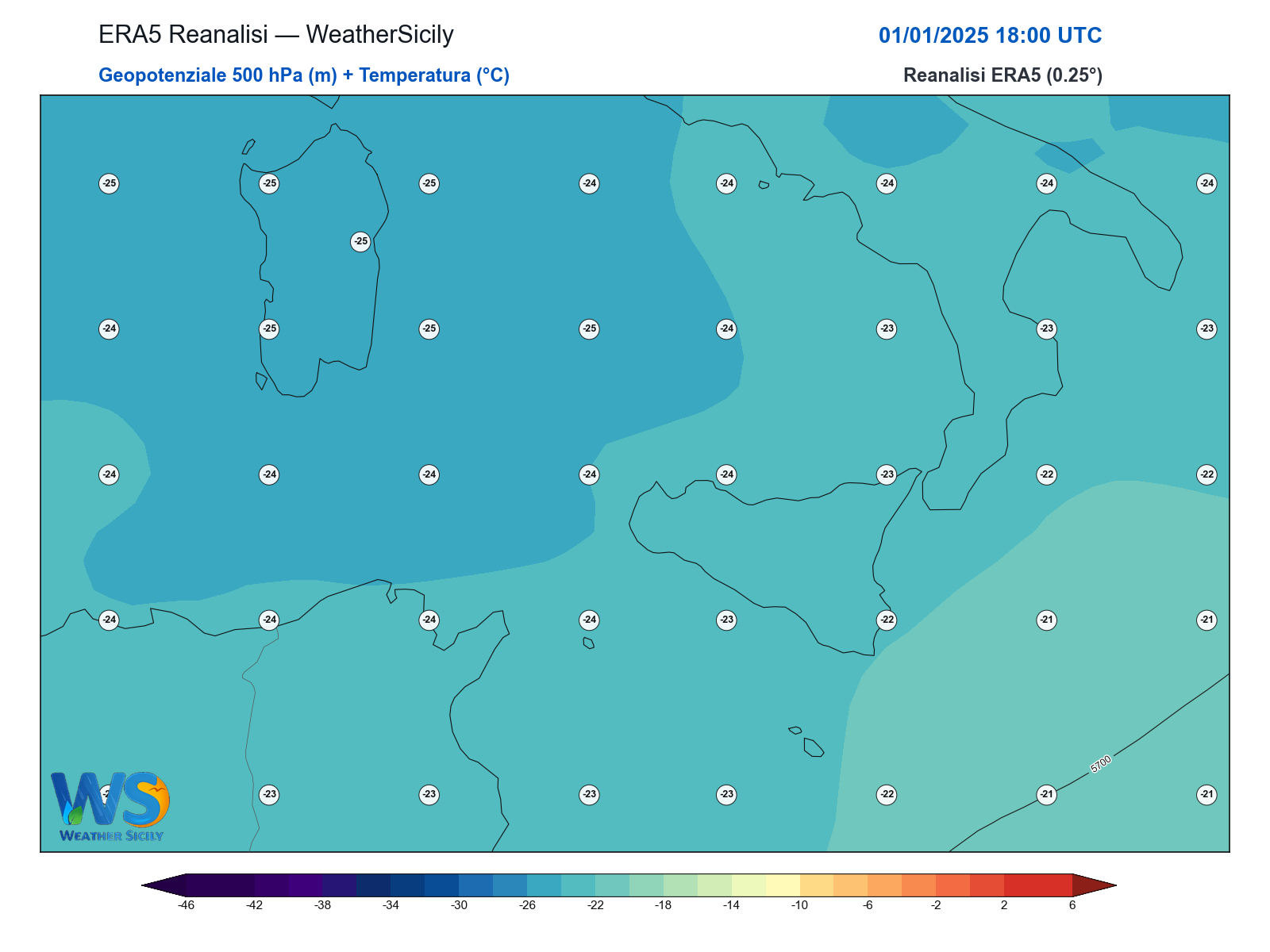 Geopotenziale 500 hPa + Temperatura · 2025010118