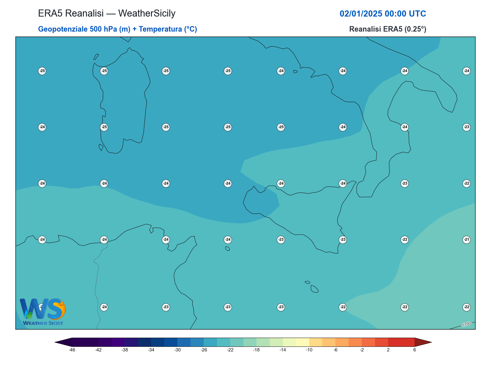 Geopotenziale 500 hPa + Temperatura · 2025010200