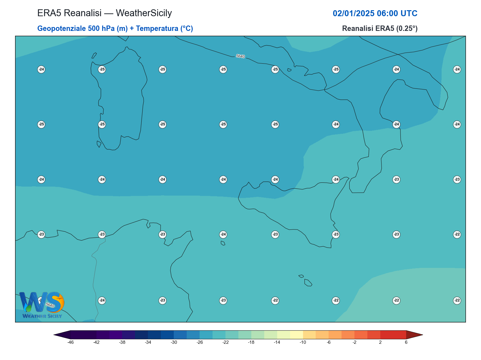 Geopotenziale 500 hPa + Temperatura · 2025010206