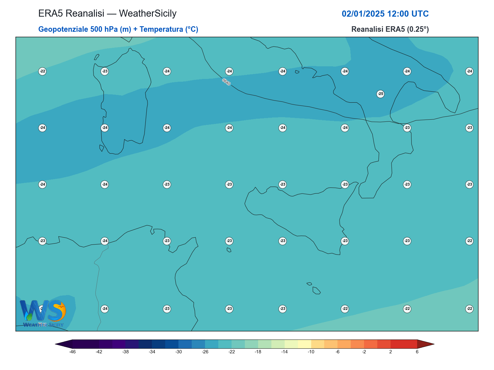 Geopotenziale 500 hPa + Temperatura · 2025010212