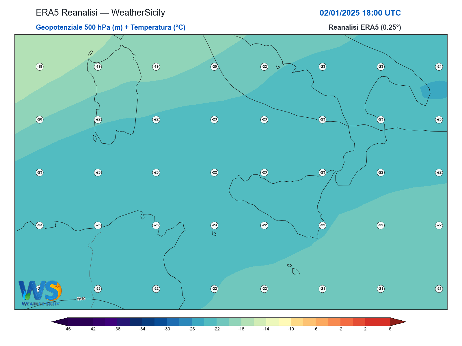 Geopotenziale 500 hPa + Temperatura · 2025010218