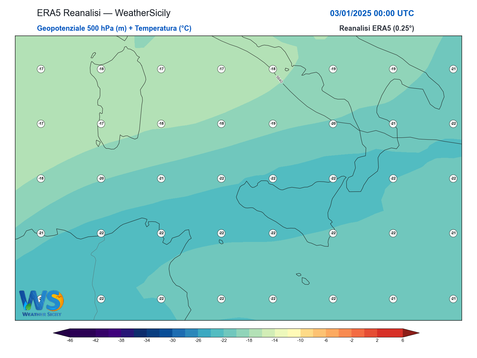 Geopotenziale 500 hPa + Temperatura · 2025010300