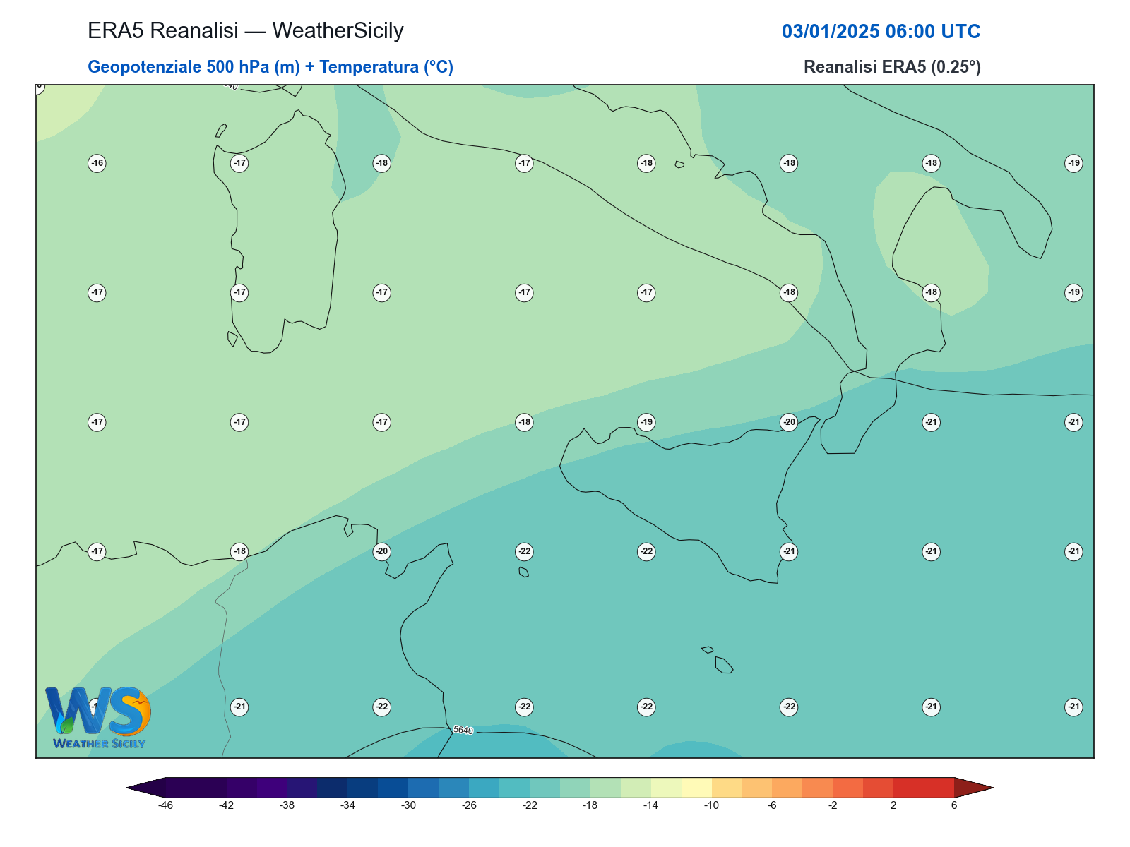 Geopotenziale 500 hPa + Temperatura · 2025010306