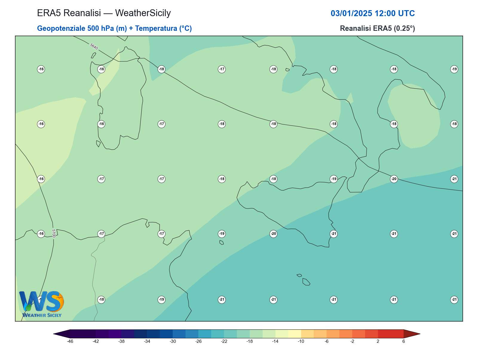 Geopotenziale 500 hPa + Temperatura · 2025010312