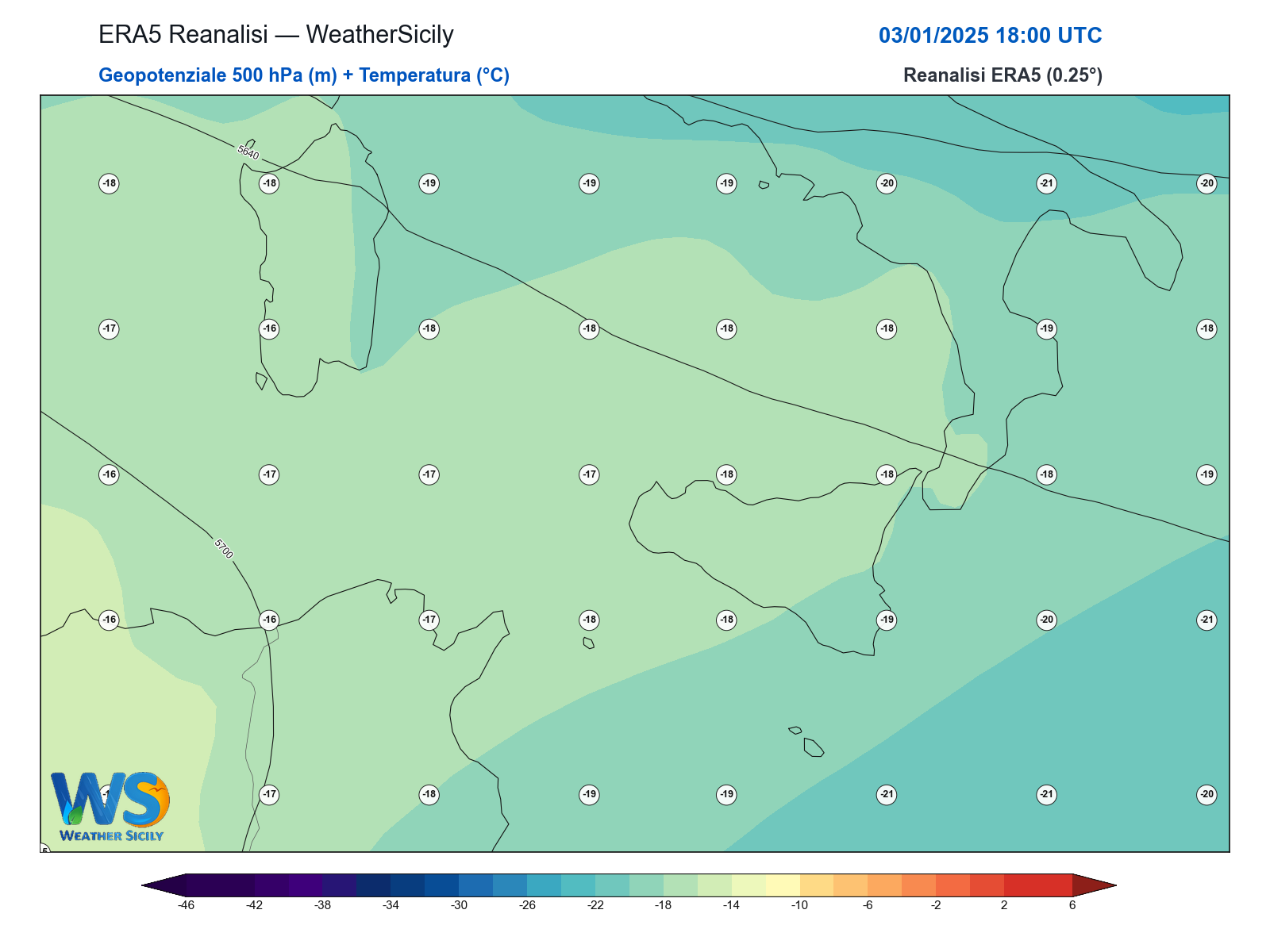 Geopotenziale 500 hPa + Temperatura · 2025010318