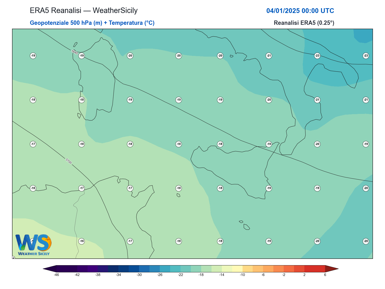 Geopotenziale 500 hPa + Temperatura · 2025010400
