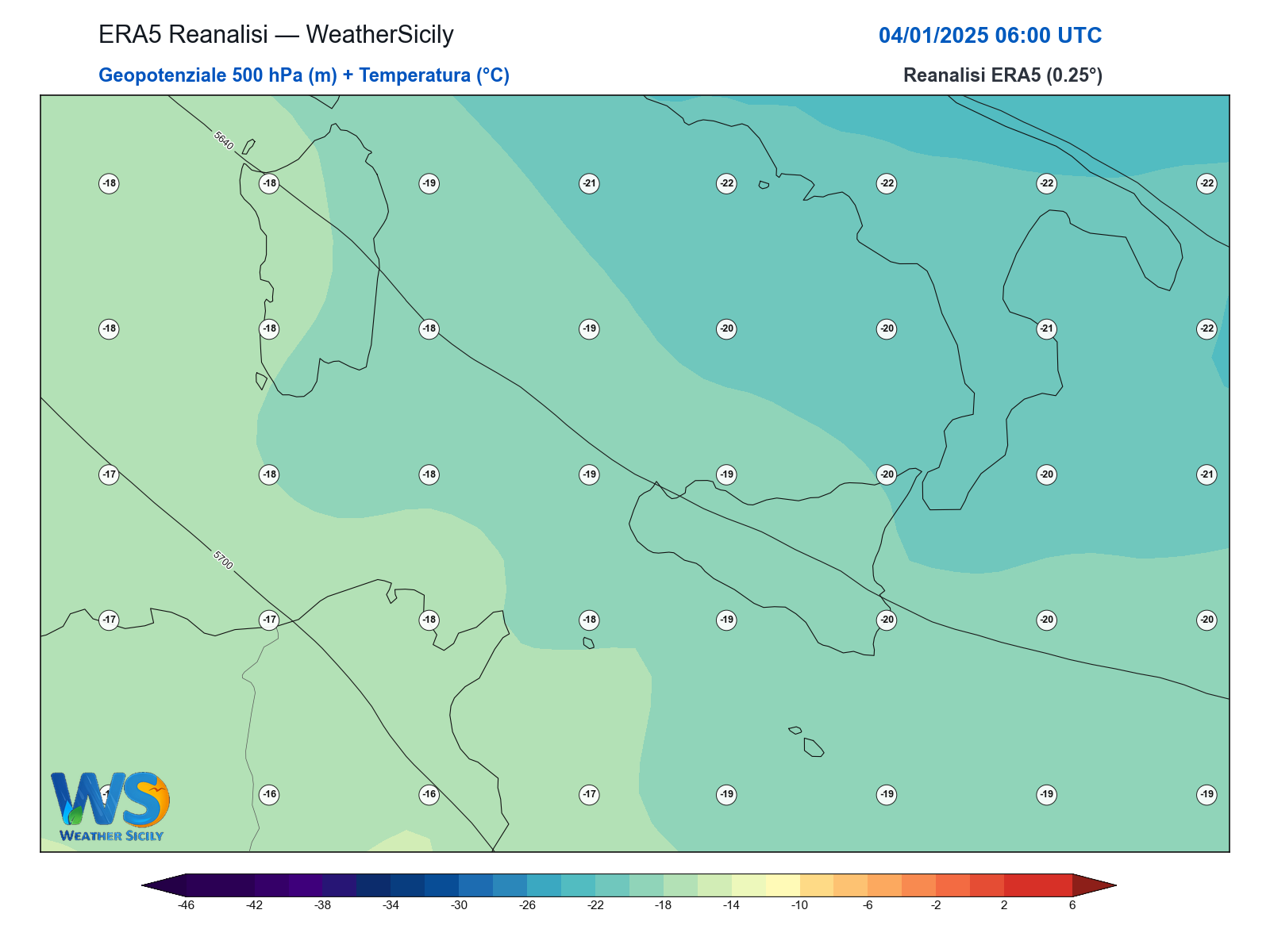 Geopotenziale 500 hPa + Temperatura · 2025010406