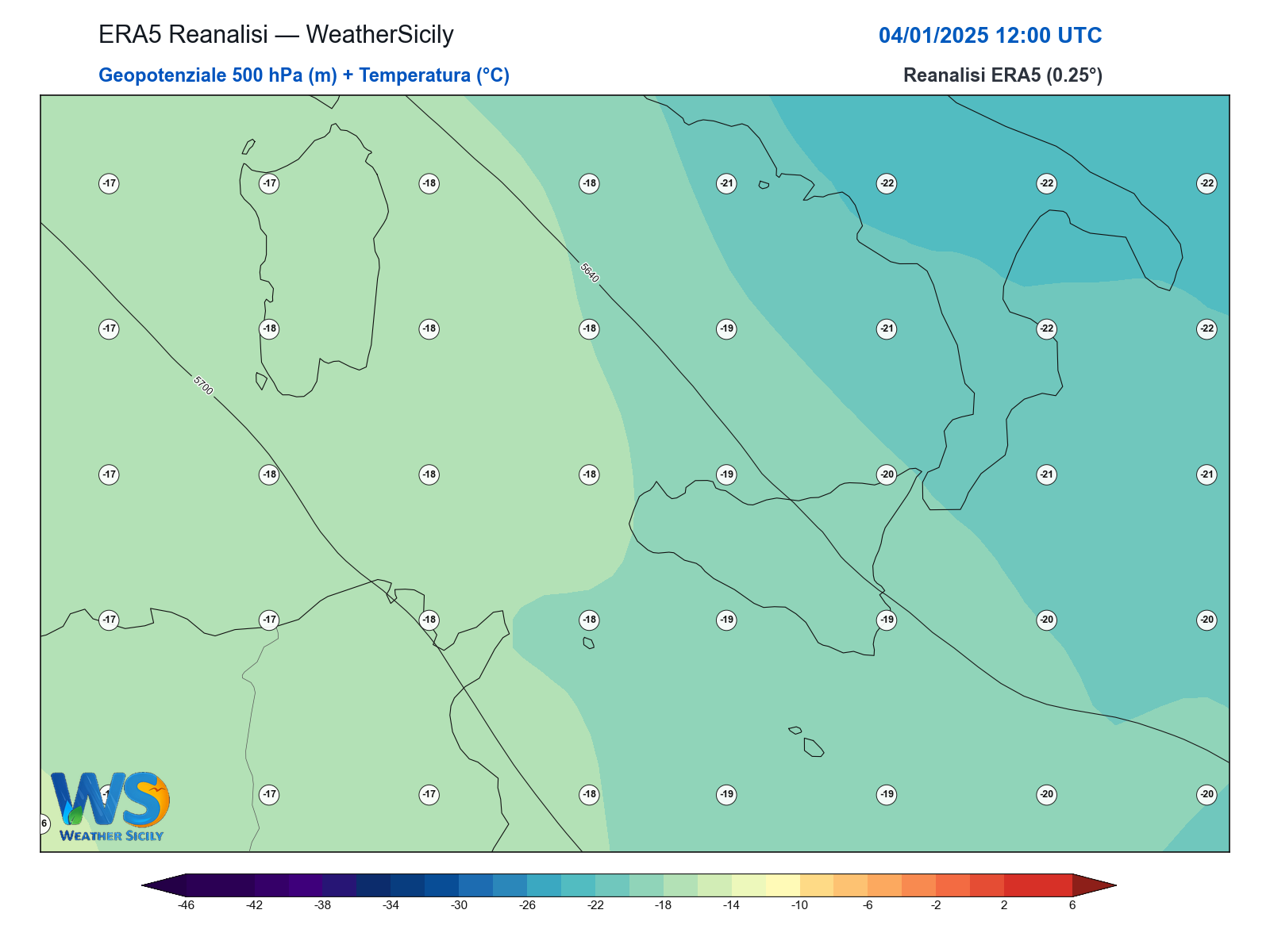 Geopotenziale 500 hPa + Temperatura · 2025010412
