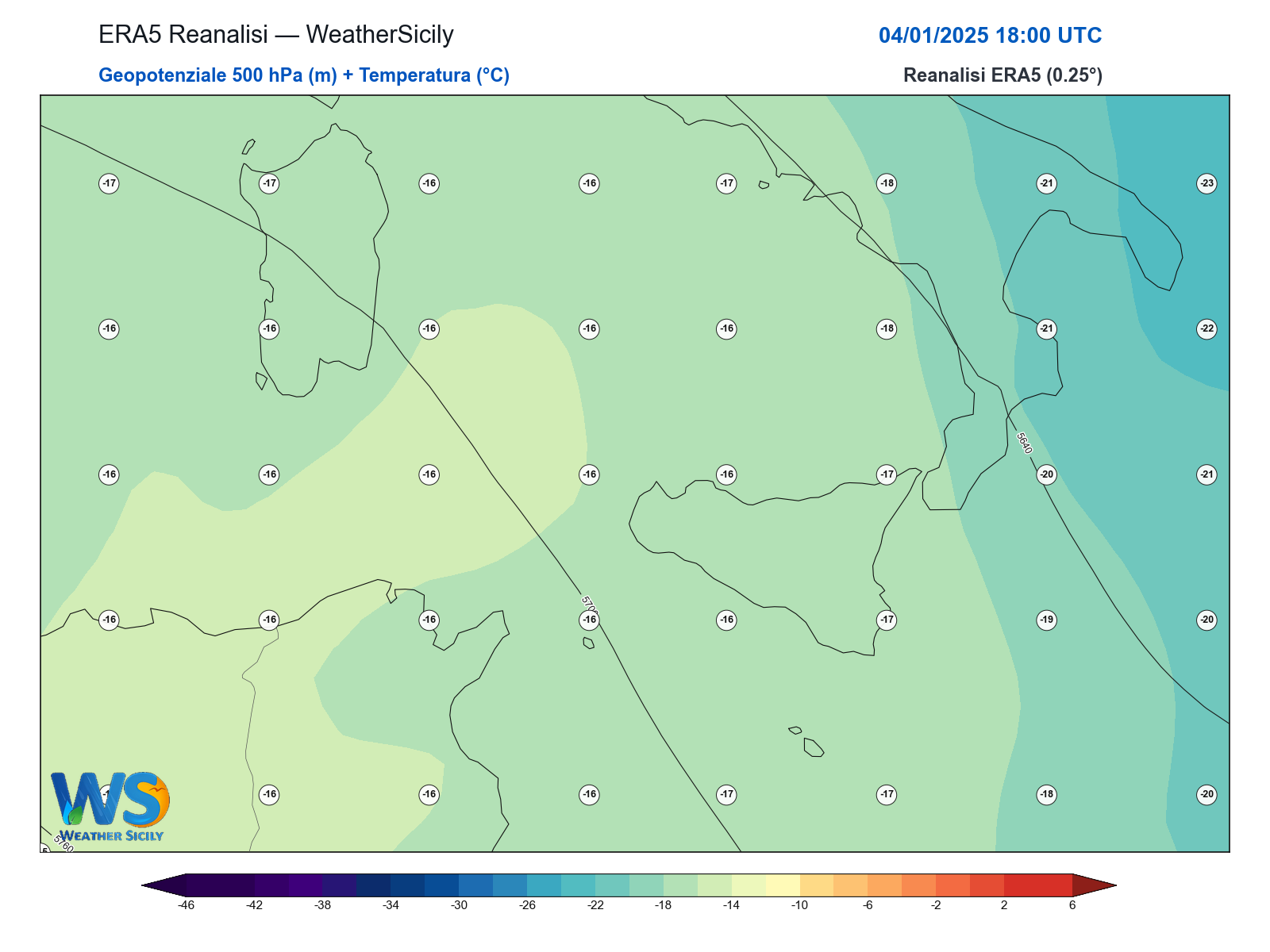 Geopotenziale 500 hPa + Temperatura · 2025010418