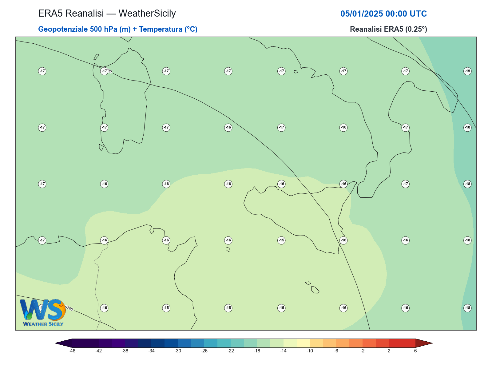 Geopotenziale 500 hPa + Temperatura · 2025010500