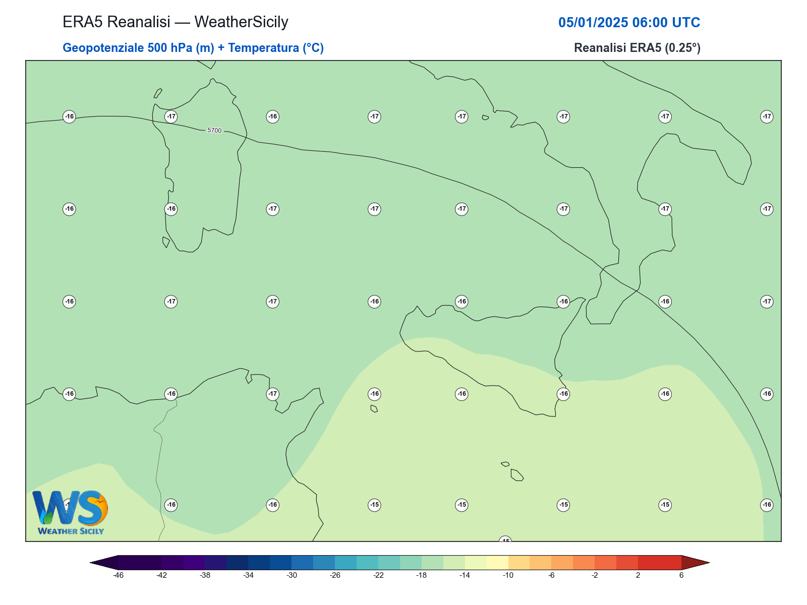 Geopotenziale 500 hPa + Temperatura · 2025010506