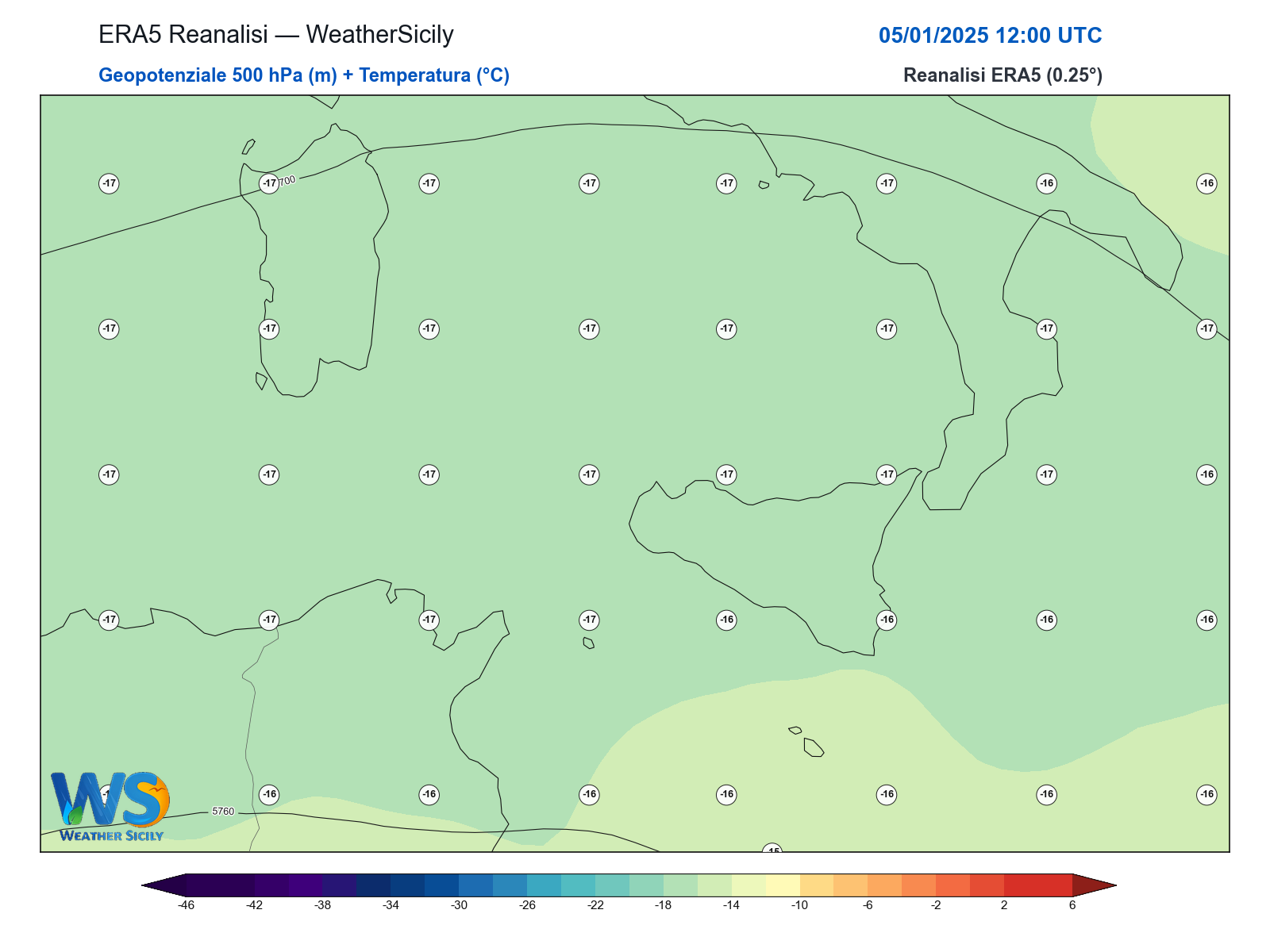 Geopotenziale 500 hPa + Temperatura · 2025010512