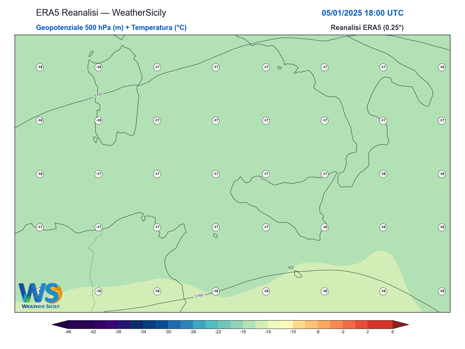Geopotenziale 500 hPa + Temperatura · 2025010518