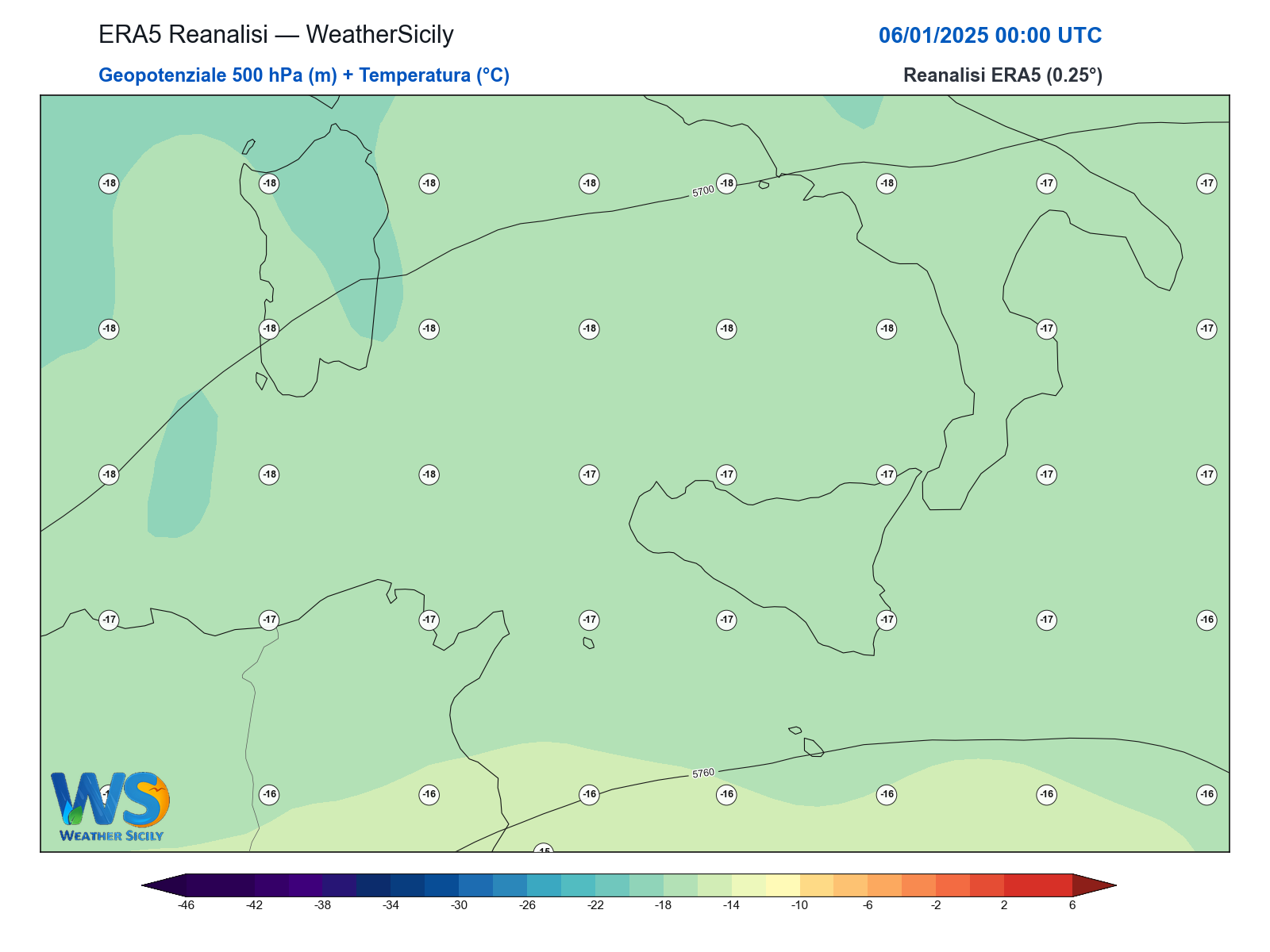 Geopotenziale 500 hPa + Temperatura · 2025010600