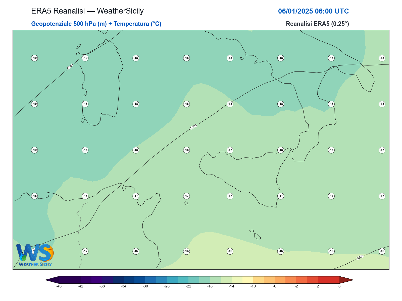 Geopotenziale 500 hPa + Temperatura · 2025010606