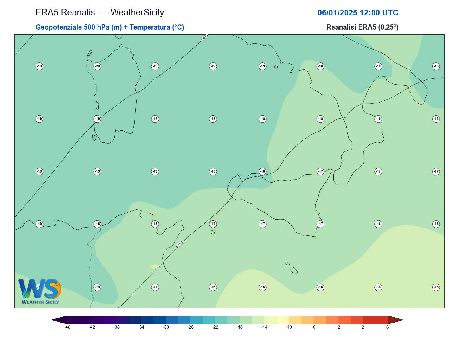 Geopotenziale 500 hPa + Temperatura · 2025010612
