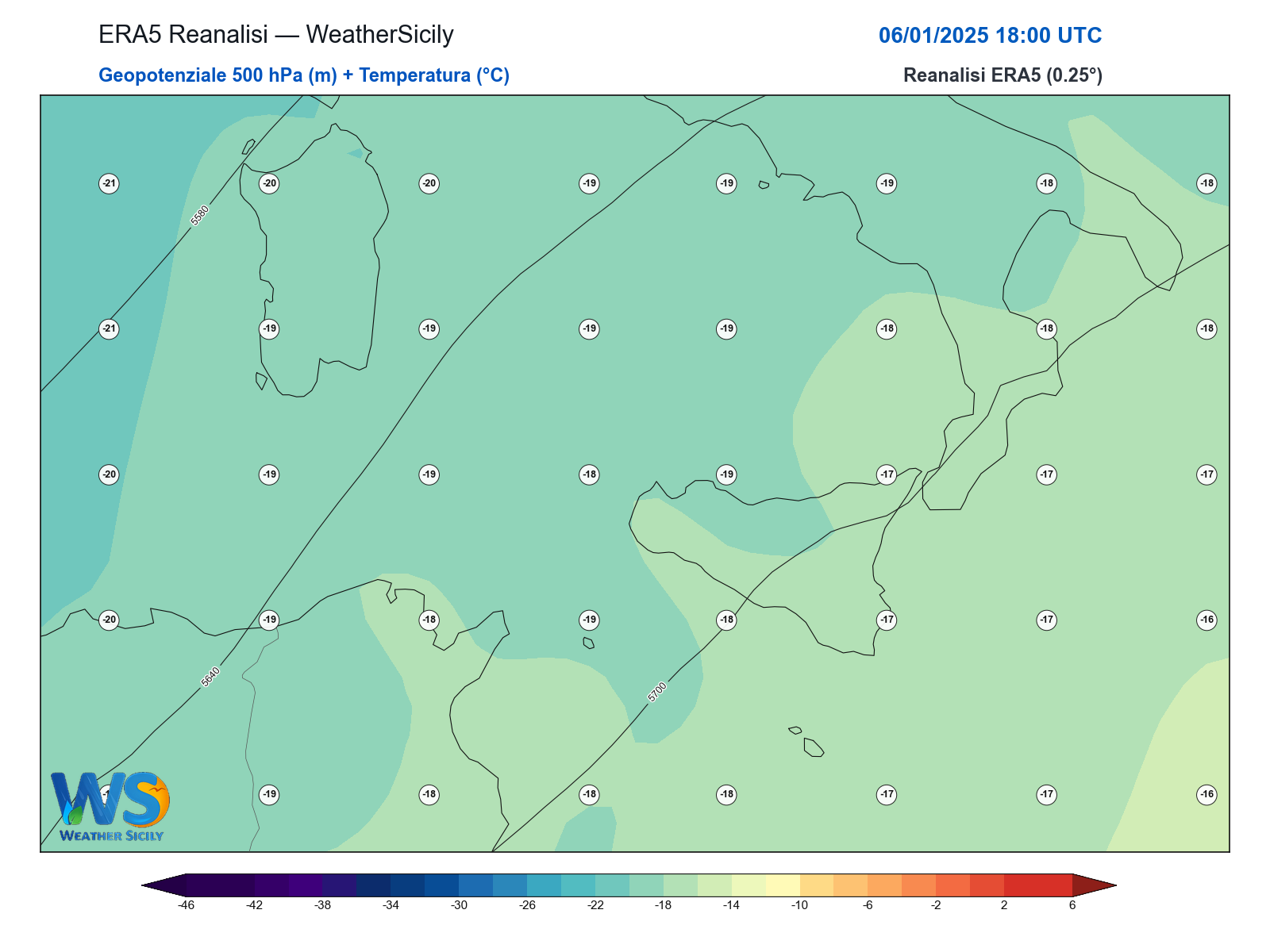 Geopotenziale 500 hPa + Temperatura · 2025010618