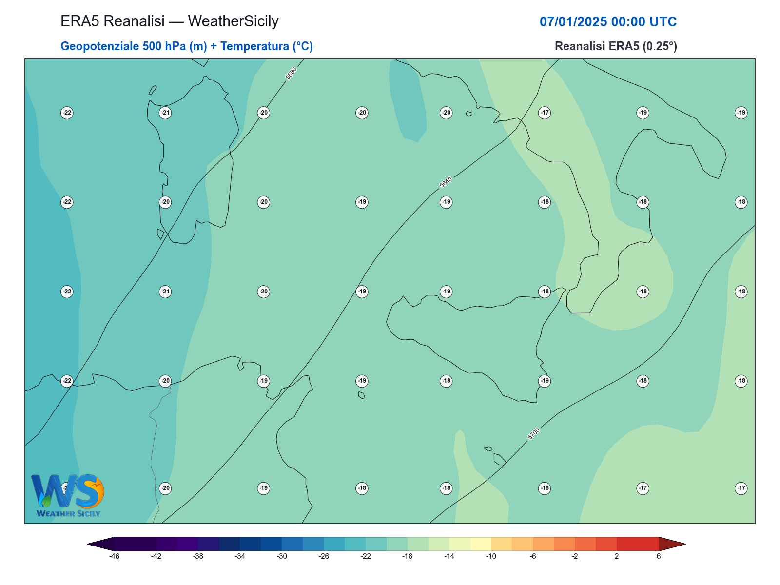 Geopotenziale 500 hPa + Temperatura · 2025010700