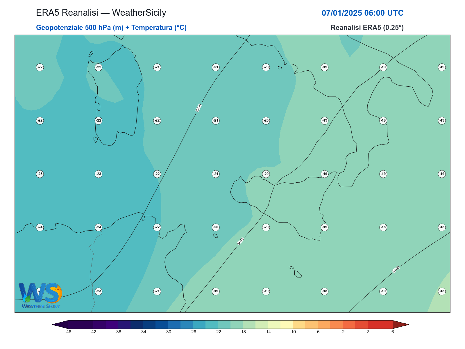 Geopotenziale 500 hPa + Temperatura · 2025010706