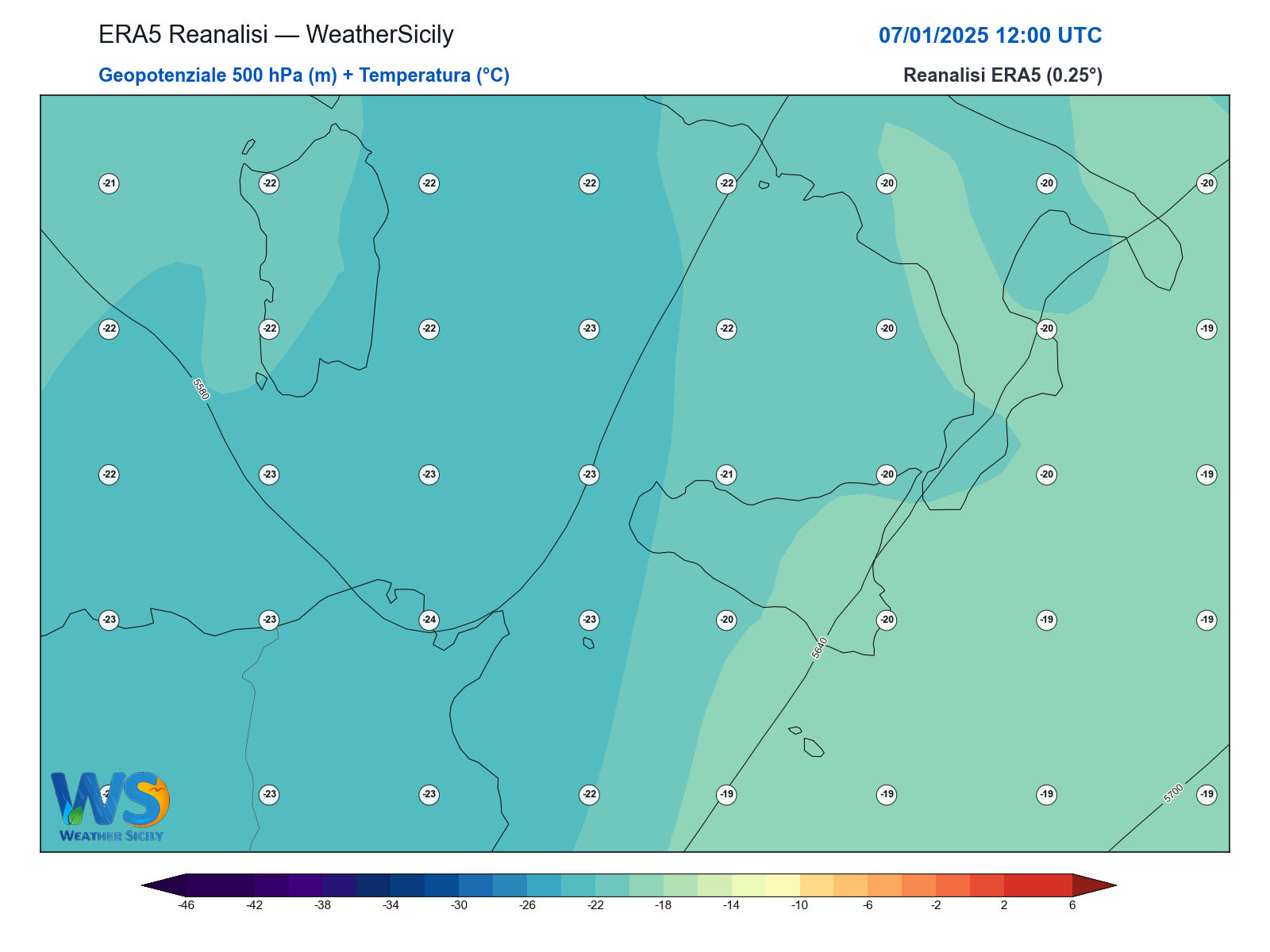 Geopotenziale 500 hPa + Temperatura · 2025010712