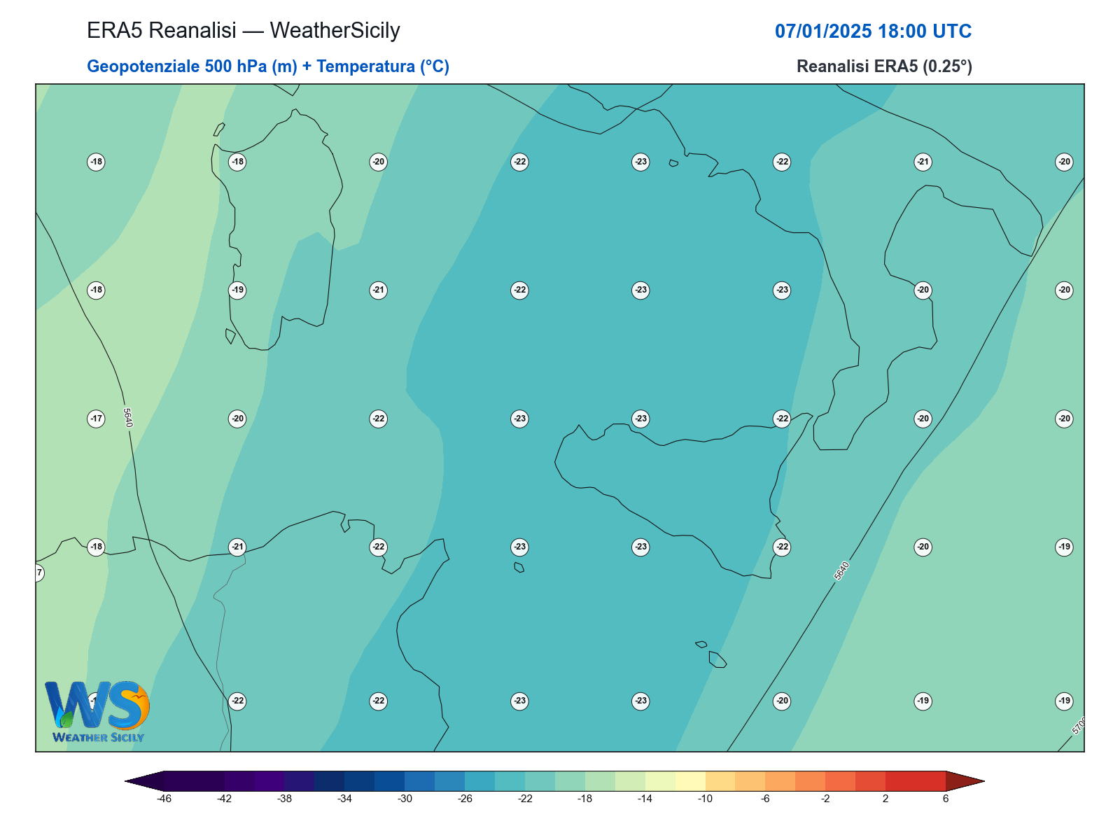 Geopotenziale 500 hPa + Temperatura · 2025010718