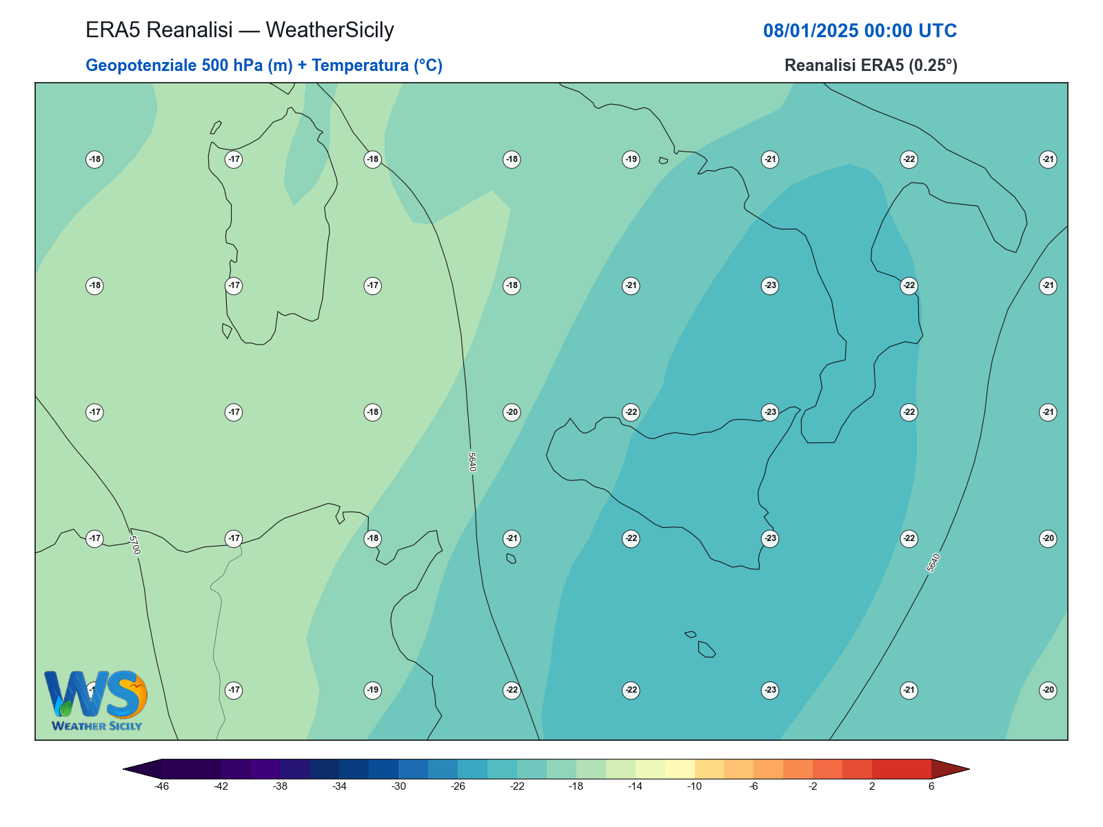 Geopotenziale 500 hPa + Temperatura · 2025010800