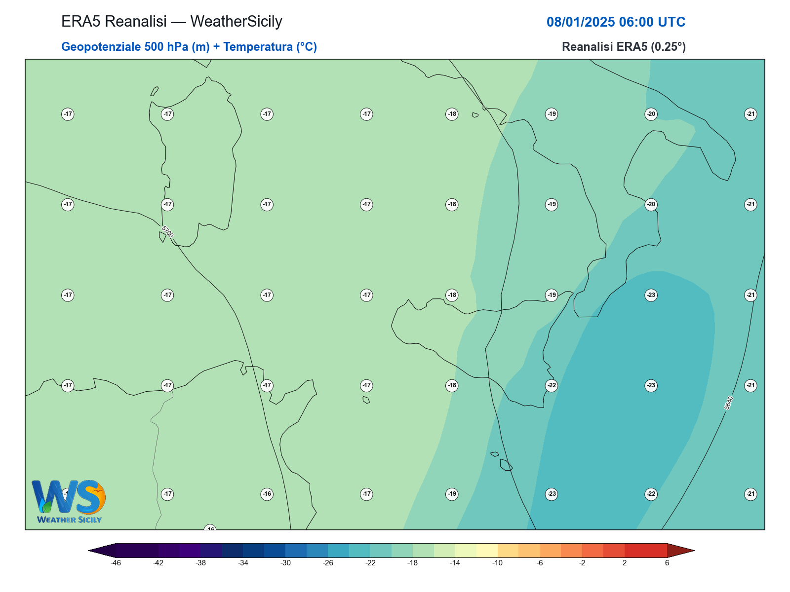 Geopotenziale 500 hPa + Temperatura · 2025010806
