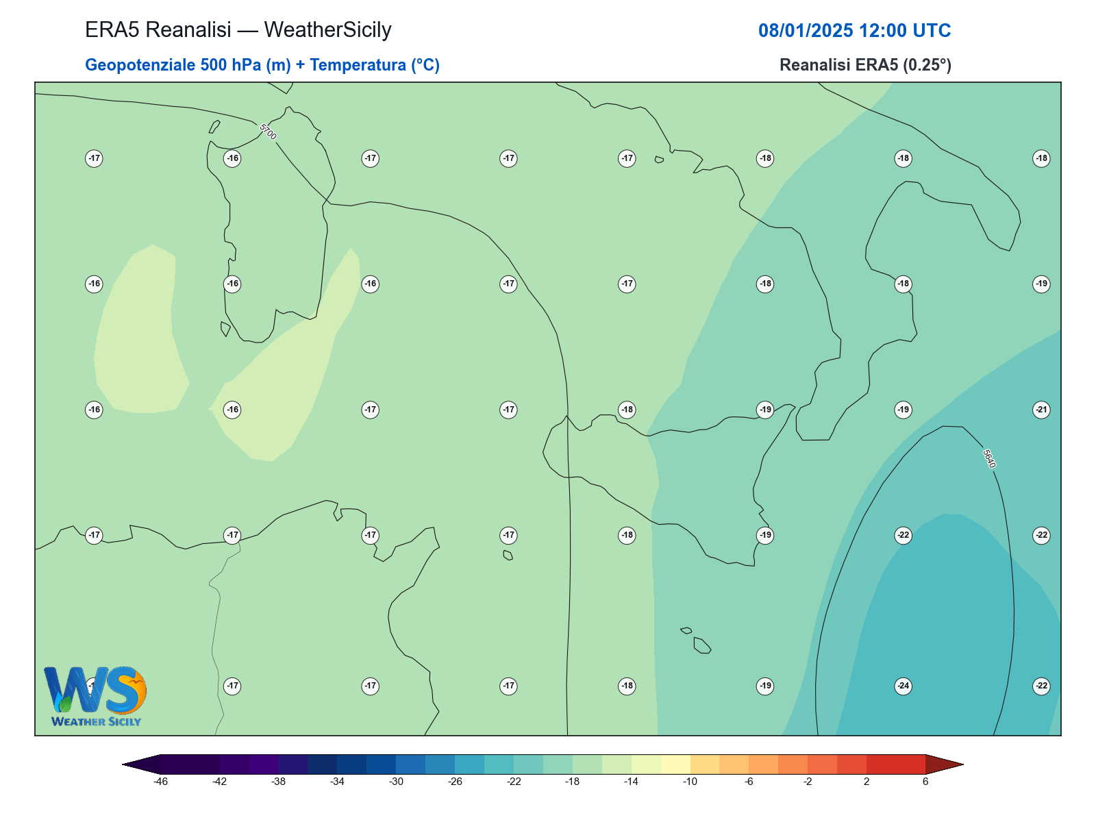 Geopotenziale 500 hPa + Temperatura · 2025010812