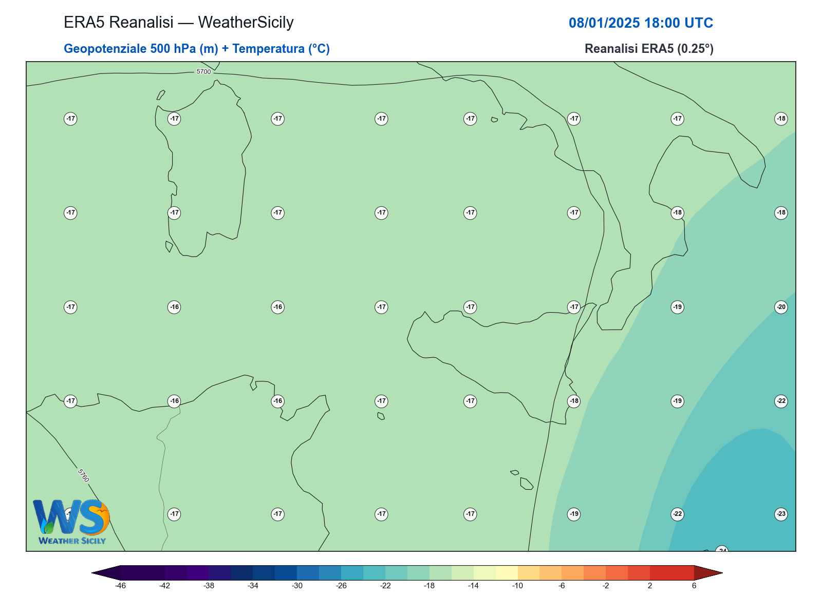 Geopotenziale 500 hPa + Temperatura · 2025010818