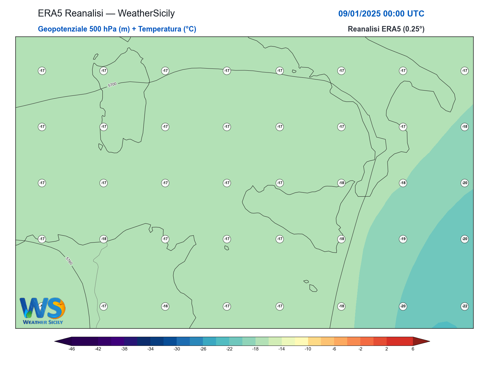 Geopotenziale 500 hPa + Temperatura · 2025010900
