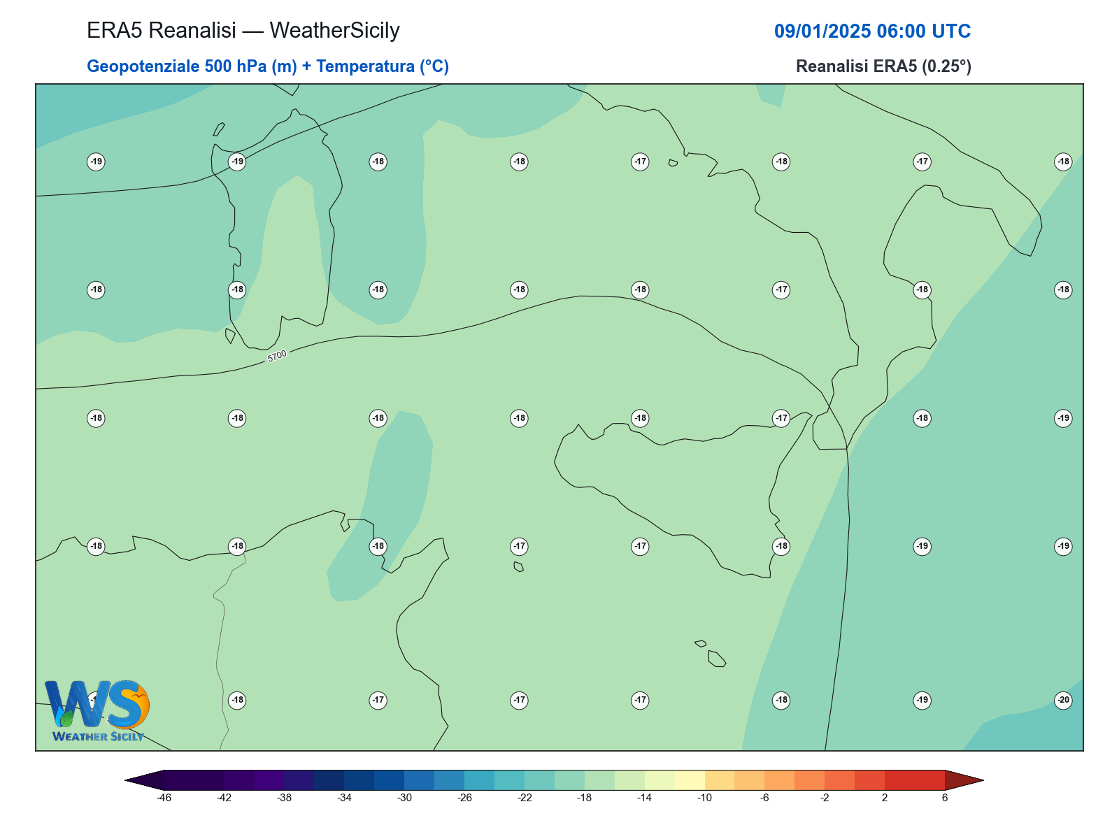 Geopotenziale 500 hPa + Temperatura · 2025010906