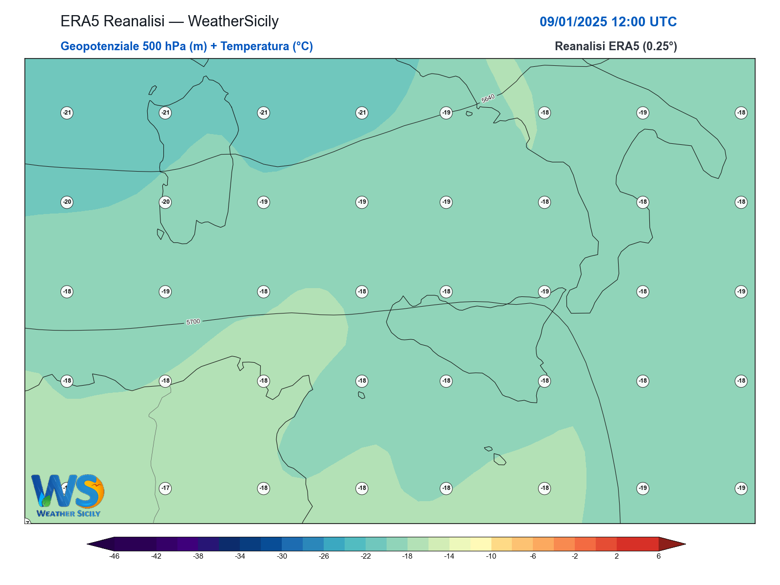 Geopotenziale 500 hPa + Temperatura · 2025010912