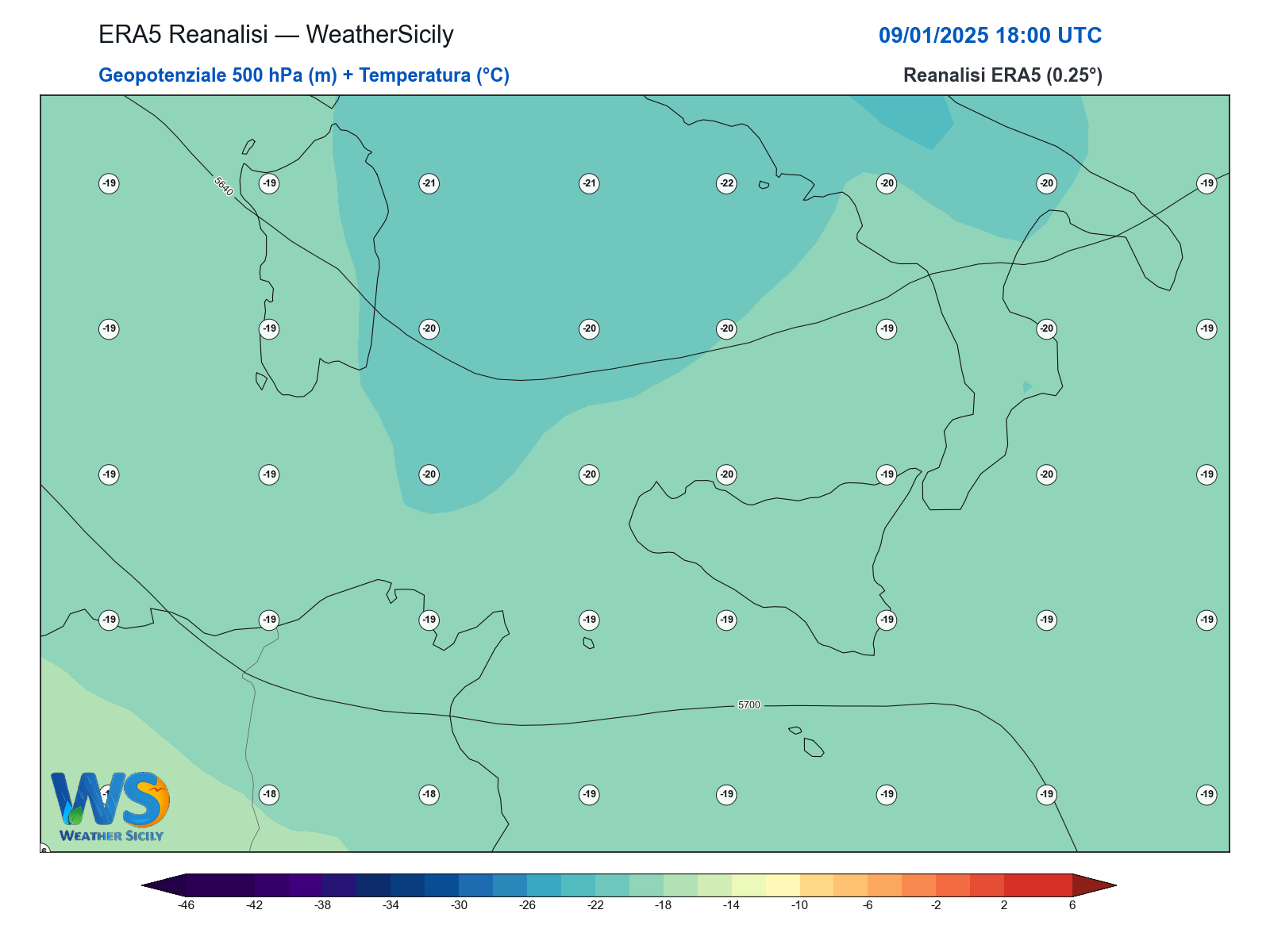 Geopotenziale 500 hPa + Temperatura · 2025010918