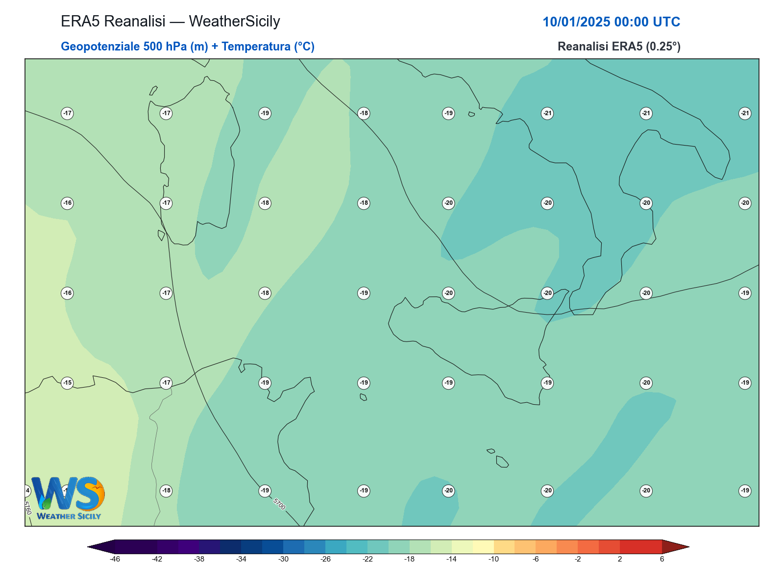 Geopotenziale 500 hPa + Temperatura · 2025011000