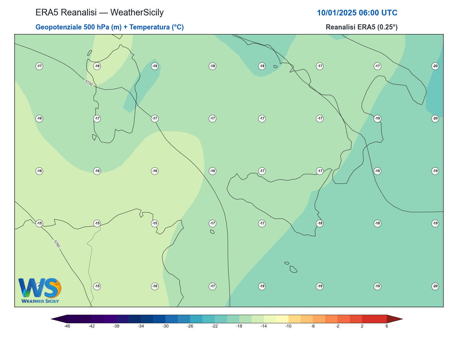 Geopotenziale 500 hPa + Temperatura · 2025011006