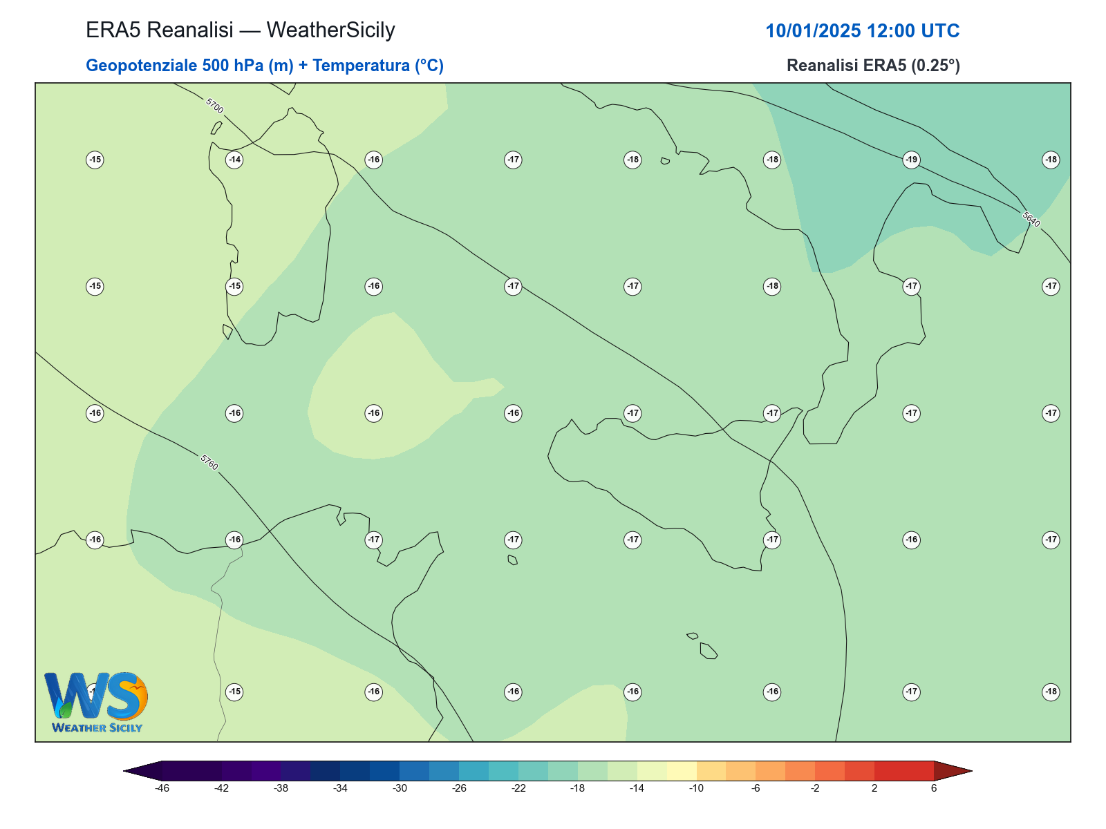 Geopotenziale 500 hPa + Temperatura · 2025011012