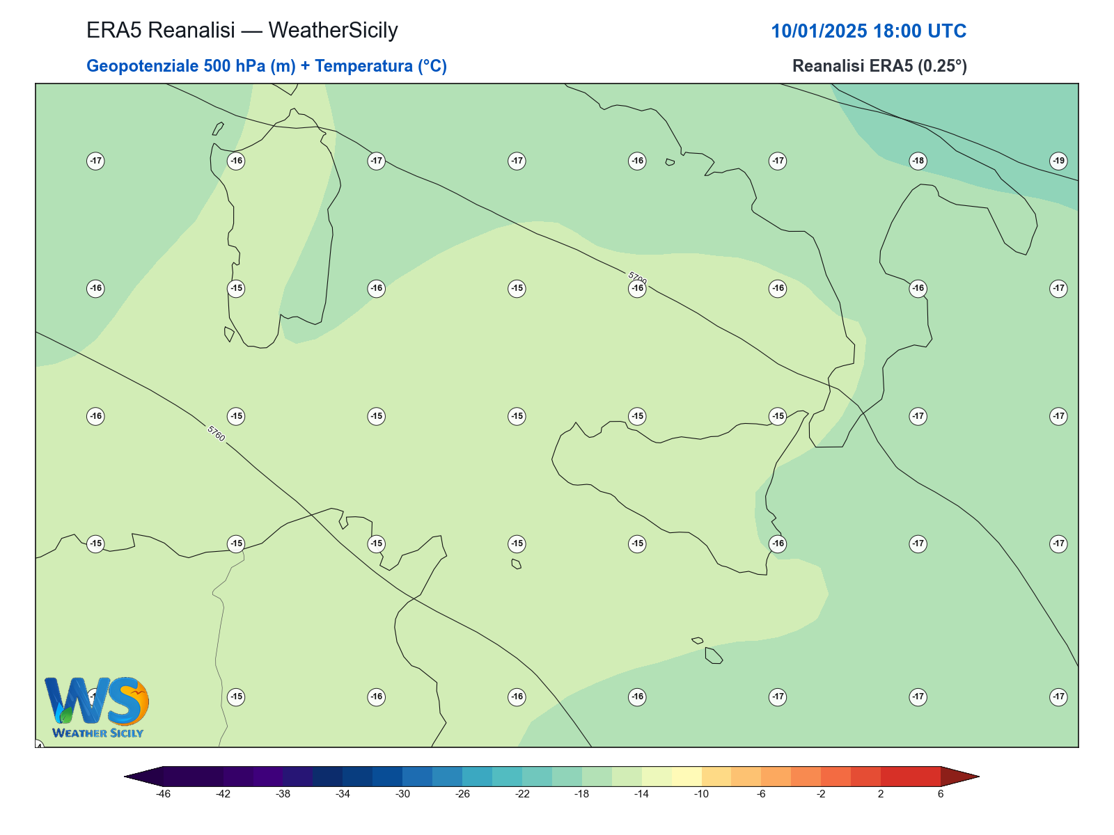 Geopotenziale 500 hPa + Temperatura · 2025011018