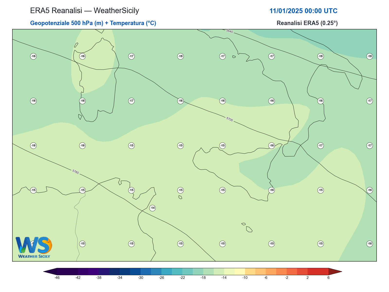 Geopotenziale 500 hPa + Temperatura · 2025011100