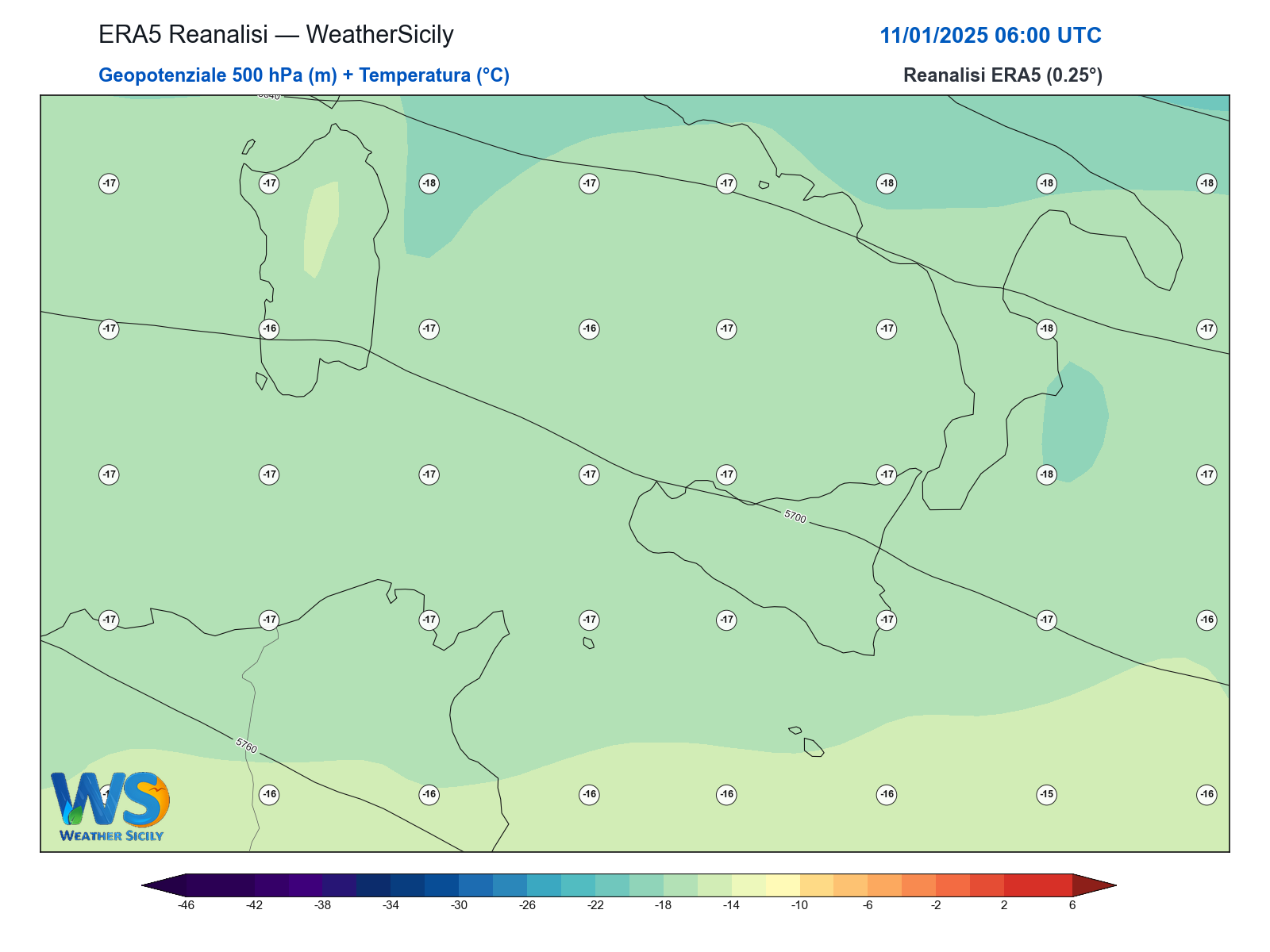 Geopotenziale 500 hPa + Temperatura · 2025011106